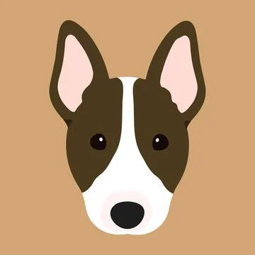 Cute and simple illustration of dark brown Bull Terrier Dog front head flat.. Stock Illustration