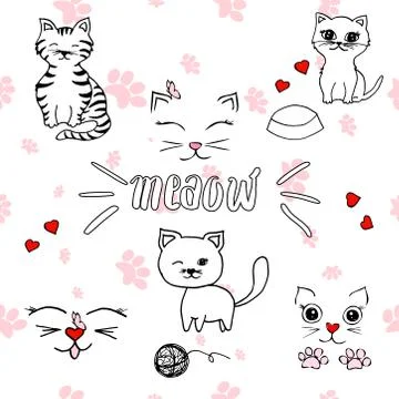 Cute and simple vector illustration of cats and kitten doodle icons Stock Illustration