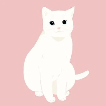 Cute and simple white cat sitting in front view Stock Illustration