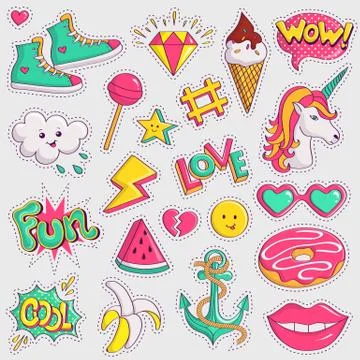 Cute and trendy patches. Vector stickers. Illustrazione stock