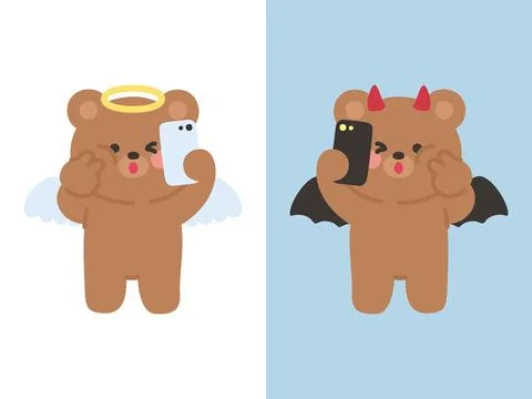 Cute Angel and Devil Bear Taking Selfies in Mirrored Composition on Split B.. Illustrazione stock