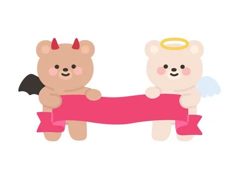 Cute Angel and Devil Bear Holding Blank Red Ribbon Banner for Custom Text Illustrazione stock