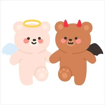 Cute Angel and Devil Bears Walking Hand in Hand with Smiling Faces Stock Illustration