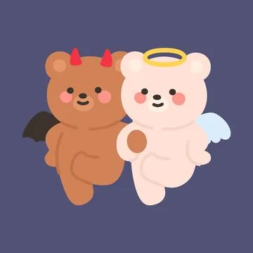 Cute Angel and Devil Bears Dancing Energetically with Arms Linked and Legs .. Illustrazione stock