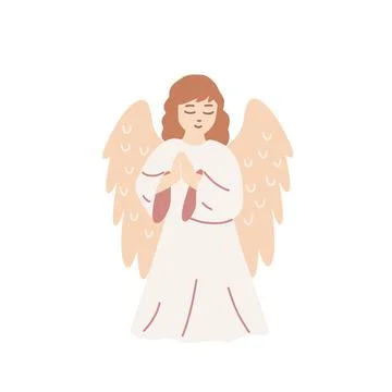 Cute angel praying isolated on white. Hand drawn vector illustration in pastel Stock Illustration