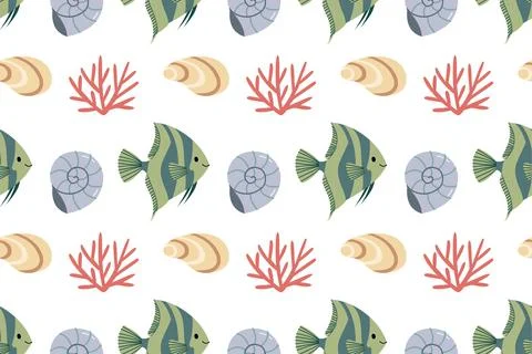 Cute Angelfish and Seashell Seamless Pattern Vector illustration Stock Illustration