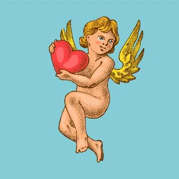 Cute angels with arrows and bow. Small aesthetic Cupids with wings fly with Ilustração Stock