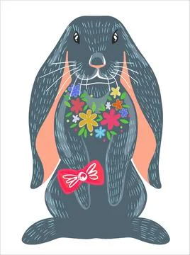 Cute angry gray rabbit with a bow and flowers. A hare with long ears sits on its Stock Illustration