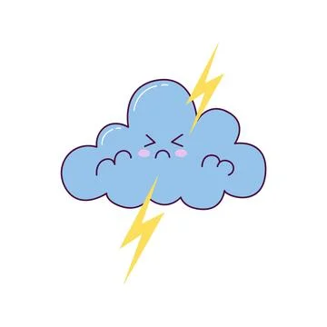 Cute angry storm cloud with lightning in kawaii hand drawn style Stock Illustration