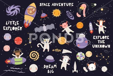 Cute animal astronauts set Stock Illustration