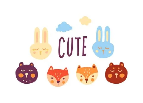 Cute animal faces set Stock Illustration
