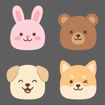 Cute Animal Faces Vector Set Rabbit Bear Dog Fox Kawaii Cartoon Style Icons Stock Illustration
