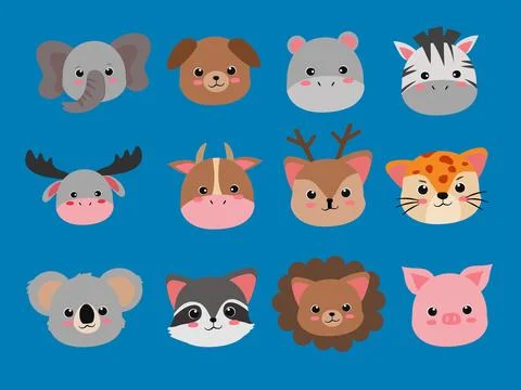 Cute Animal Head Icon Set Elephant Dog Hippo Zebra Deer Cow Buffalo Tiger Lion P Stock Illustration