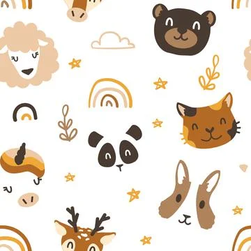 Cute animal heads pattern. Seamless print with adorable bear and cat faces Illustrazione stock
