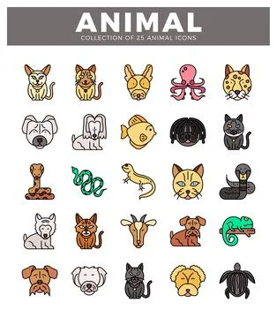 Cute animal icon set with stylized cartoon creatures. Isolated vector illus.. Stock Illustration