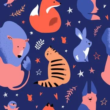 Cute Animal Pattern with Dark Blue Background. Can be used for textile, poste Stock Illustration