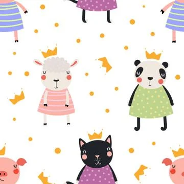 Cute animal princesses seamless pattern 스톡 일러스트