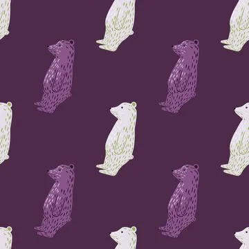 Cute animal seamless pattern with doodle polar bear white and purple silhouet 스톡 일러스트