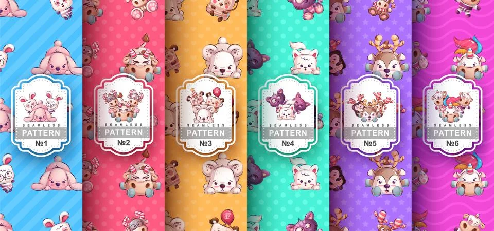 Cute animal - set seamless pattern Stock Illustration