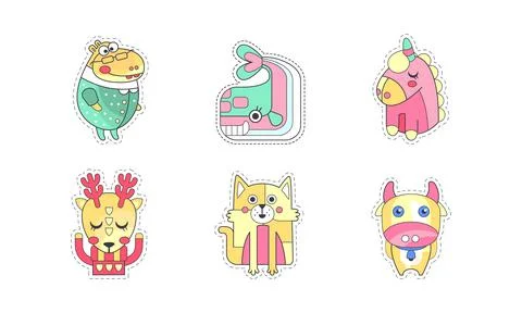 Cute Animal Sticker or Patch with Funny Deer, Cat and Whale Vector Set Stock Illustration