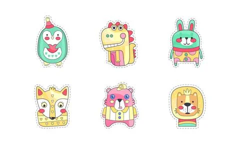 Cute Animal Sticker or Patch with Funny Penguin, Dinosaur and Bunny Vector Set Illustrazione stock
