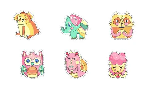 Cute Animal Sticker or Patch with Funny Dog, Elephant and Bird Vector Set 스톡 일러스트