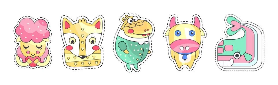 Cute Animal Sticker or Patch with Pretty Mammal Vector Set Stock Illustration