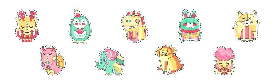 Cute Animal Sticker or Patch with Pretty Mammal Vector Set Illustrazione stock