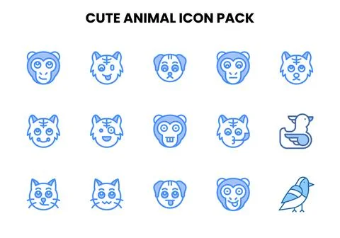 Cute Animal Two Colour Set Icons Pack Stock Illustration
