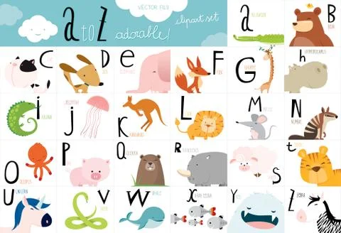 Cute animal vector Alphabet table Stock Illustration