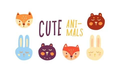 Cute animal vector. Hand drawn characters - hare, bear, fox Stock Illustration