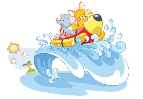 Cute animals are playing on the beach Stock Illustration