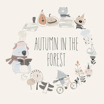 Cute animals with autumn elements. Hello autumn Stock Illustration