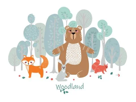 Cute animals on the background of the forest, trees, plants. Stock Illustration