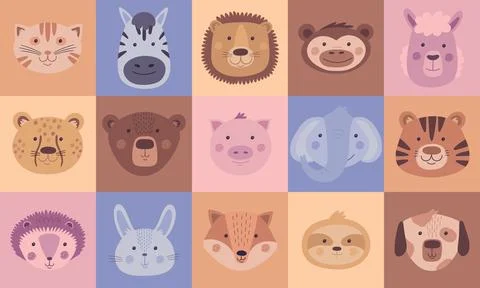Cute animals. Bear and cat kid face, card with pig and dog characters, bunny and Stock Illustration