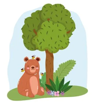 Cute animals bear sitting with bees on grass tree nature wild cartoon Illustrazione stock