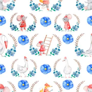 Cute animals in botanical frames blue flowers. Wild zoo in floral frames wate Stock Illustration