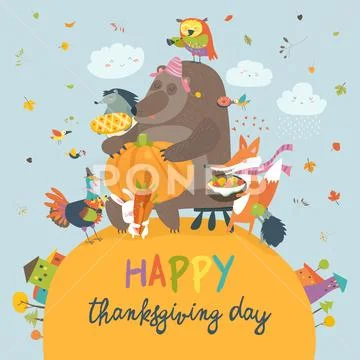 Cute animals celebrating Thanksgiving day Stock Illustration