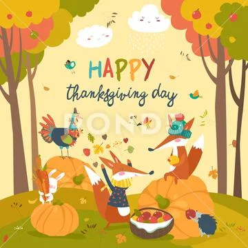 Cute animals celebrating Thanksgiving day Stock Illustration