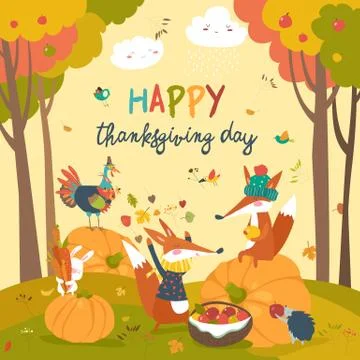 Cute animals celebrating Thanksgiving day Illustrazione stock
