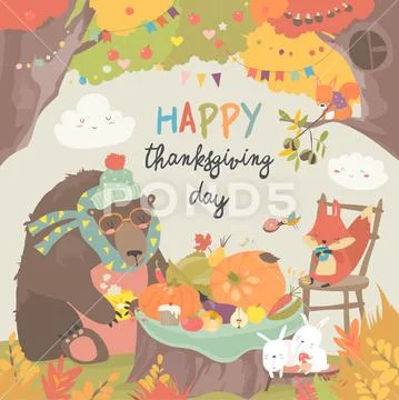 Cute animals celebrating Thanksgiving day in the forest Stock Illustration