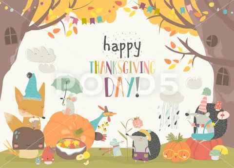 Cute animals celebrating Thanksgiving day in the forest Stock Illustration