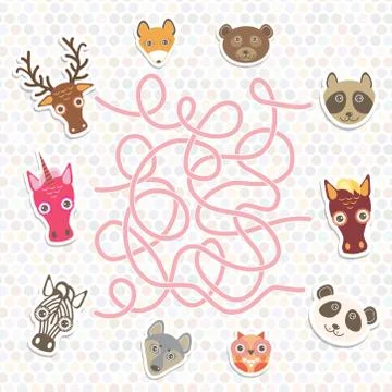 Cute animals collection labyrinth game for Preschool Children. Vector Stock Illustration