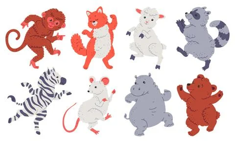 Cute animals dancing and smiling. Cartoon funny sheep and cat, zebra, raccoon Stock Illustration