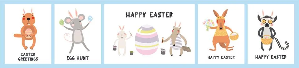 Cute animals Easter cards set Stock Illustration