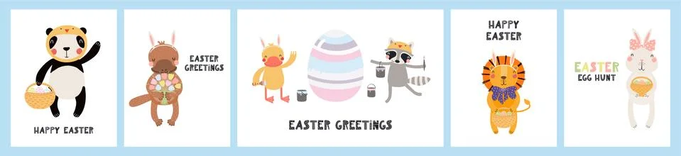 Cute animals Easter cards set Stock Illustration