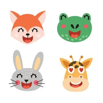Cute animals faces set. Fox, frog rabbit and giraffe in cartoon style collection Stock Illustration