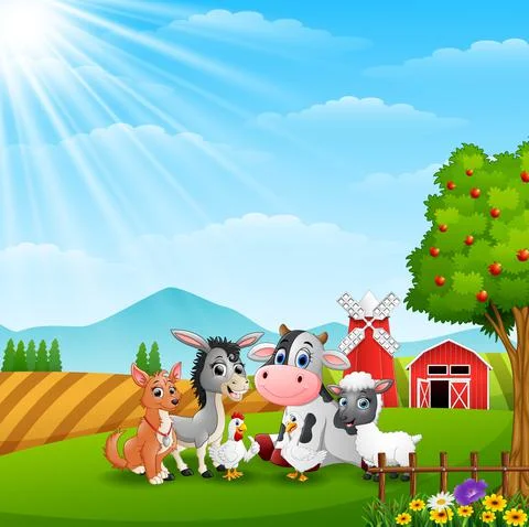 Cute animals at farm background Stock Illustration