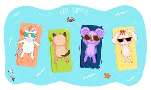 Cute animals floating mattresses Stock Illustration