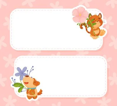 Cute Animals with Flower on Stalk Empty Note Card Vector Template Stock Illustration